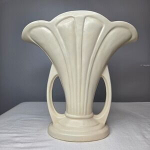 Vtg Pottery USA 47-9 Art Deco Fan Vase Cream Ribbed Double Handle 9in READ